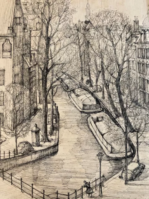 Hermoso Tinta de dibujo 1960 Amsterdam Canal Raamgracht Centrum Frank Artista