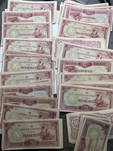 Lot of 100x Notes WWII Japanese Invasion Money Burma JIM 10 Rupees Ten