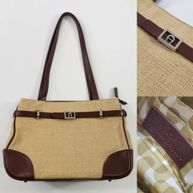 Vtg Etienne Aigner Straw Leather Multi Pocket Bag