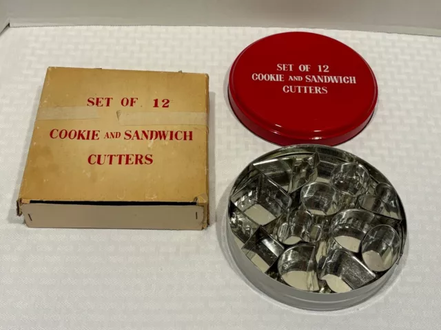 Vintage Set 12 Mini Canape & Hors D' Oeuvre Cookie Cutters Red Tin Made in Japan