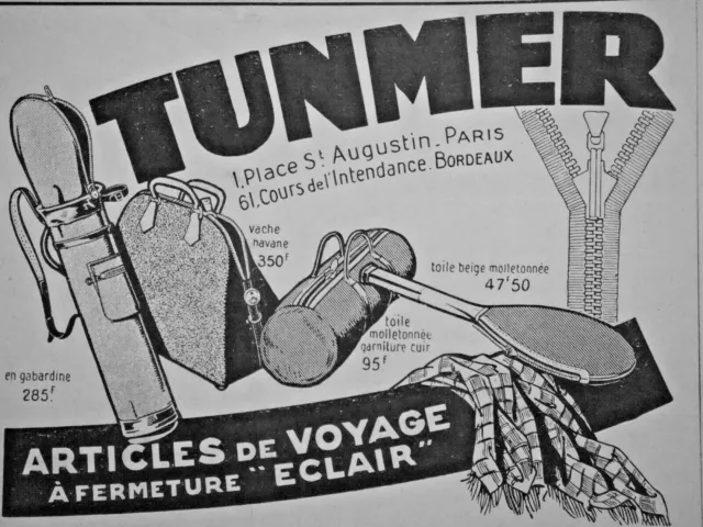 Publicité De Presse 1925 Tunmer Articles De Voyage A Fermeture Eclair