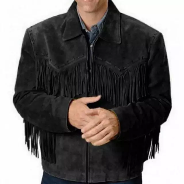 Men's Native American Western Cowboy Suede Leather Jacket Fringes & Zipper Black