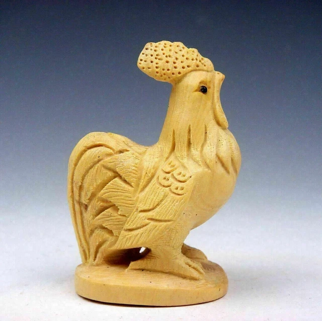 Japanese Boxwood Hand Carved Netsuke Big Tail Rooster Chicken Standing #04042101