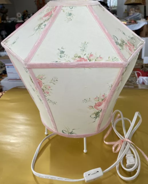 Japanese Lantern Table Nightlight,Cotton,White/Pink Floral,Pink Velvet Trim,Cord