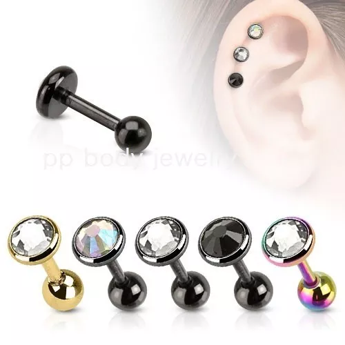 1PC. Flat Gem Top IP 316L Surgical Steel Cartilage Barbell 16G 1/4" 3-4-5mm Gem