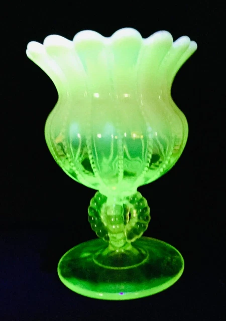 Antique Northwood Opalescent Vaseline Glass Beaded Panel Vase with Error