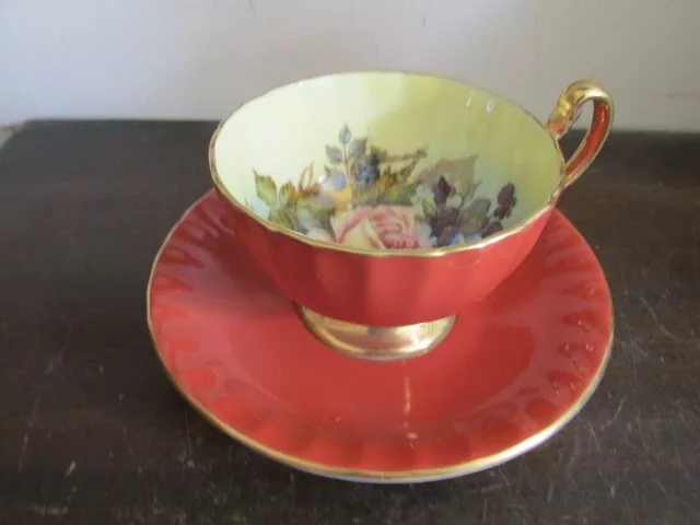 Aynsley Cabbage Rose Signed J. A. Bailey Tea Cup And Saucer Orange