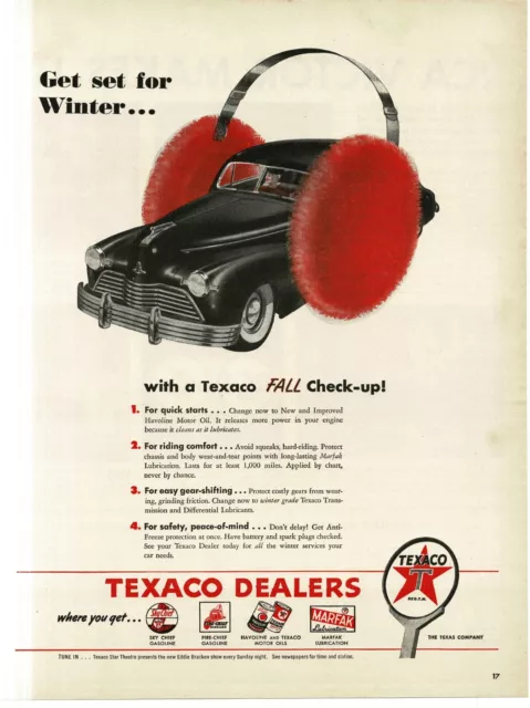 1946 Texaco Get Fall Check-Up car wearing red ear muffs Vintage Print Ad