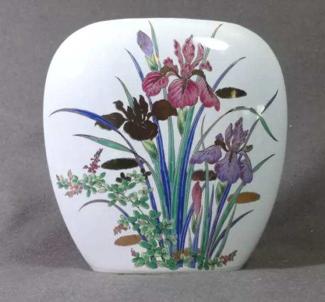 Vintage White Porcelain Vase w/Iris Flowers (Pink, Purple) w/Gold Accents, Japan
