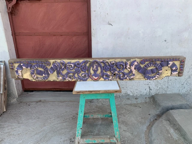 Ancient Old Handcrafted Wooden Purple Yellow Floral Carved Wall Hanging Panel