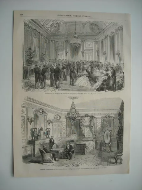 Gravure 1861. Roi De Prusse A Compiegne. Grand Salon De Reception Du Chateau....