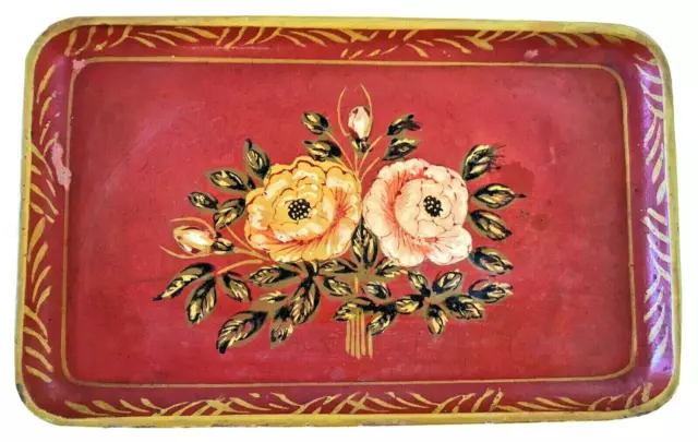Rare Vintage Hand Painted Fine Floral Red Used Serving Tray Made Occupied Japan