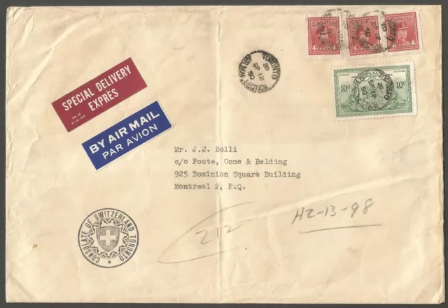 1950 Swiss Consulate Special Delivery Airmail Cover 22c War CDS Toronto Ont