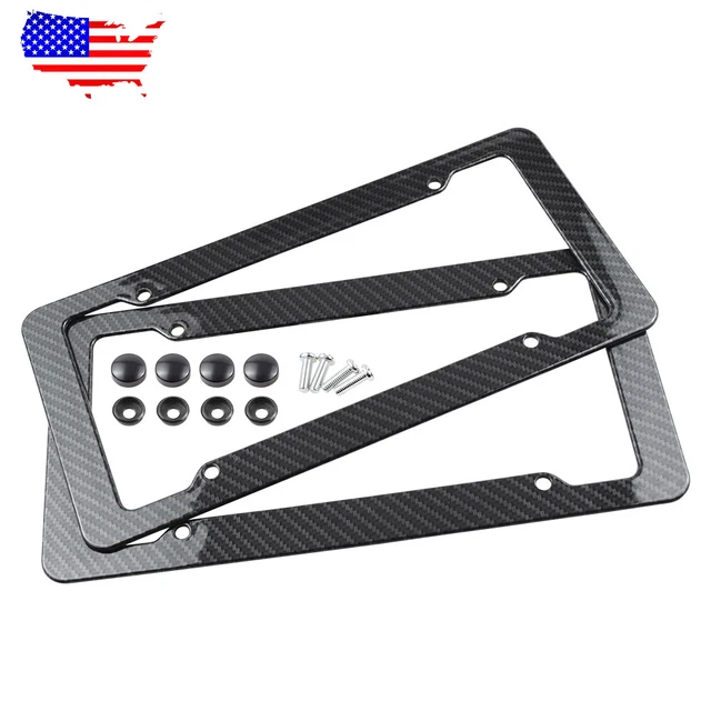 2pc Car Auto Plastic Carbon Fiber License Plate Holder Frame Black Set Universal