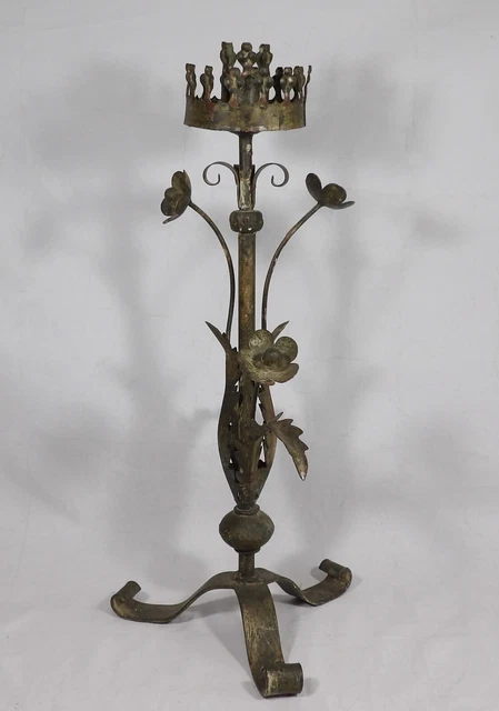 Antique Wrought Metal Floral Tole 19Th Century Candle Holder Stand Vintage Wow