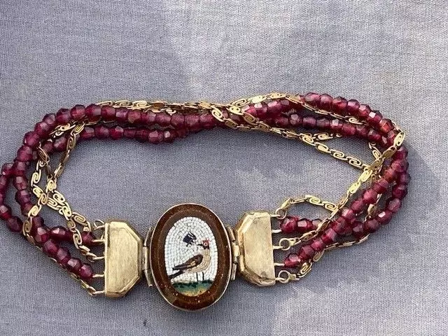 Antique 14K bird micromosaic beaded bracelet