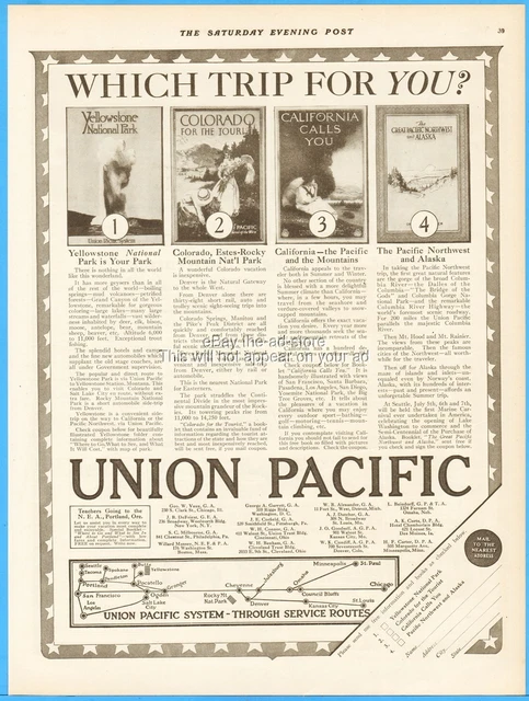 1917 Union Pacific Railroad Train Yellowstone Colorado California Alaska Trip Ad