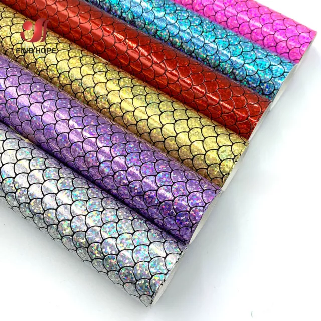 Mermaid Vinyl Glitter Holographic Scale PU Leather Fabric For Bow Craft Roll DIY