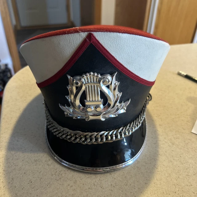 VINTAGE MARCHING BAND hat Red Black Silver toned HARP EMBLEM Ostwald ...