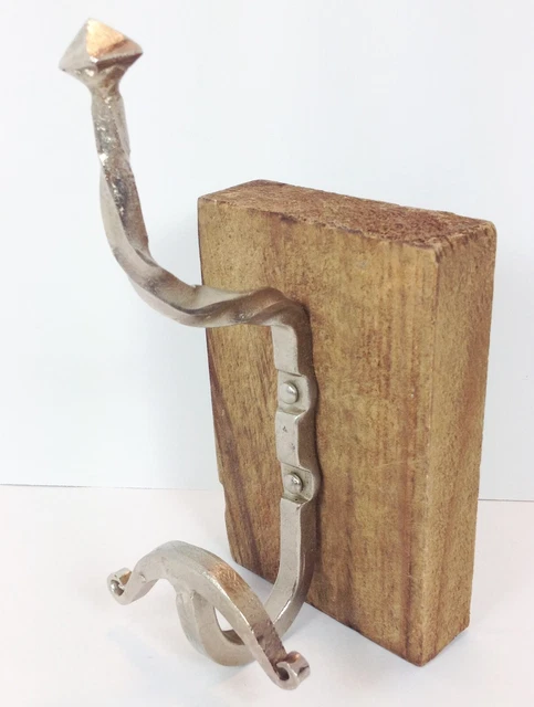 Hand Forged Twisted Iron Wall Hook Silver Mounted 6" Wood Block Cabin Western