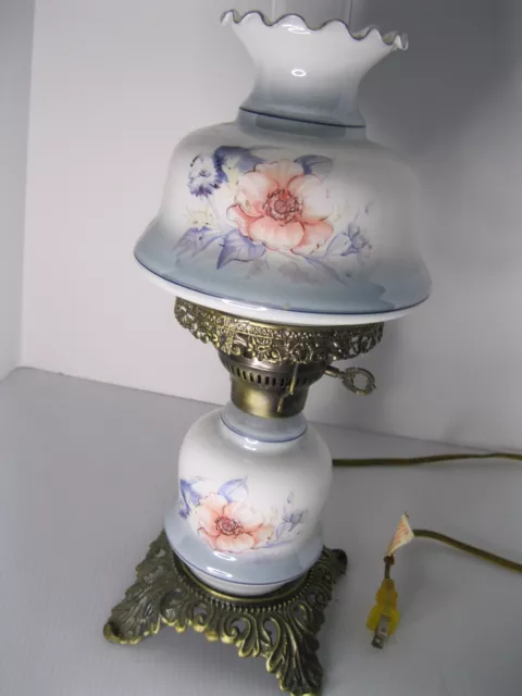Milk Glass Painted Flowers Hurricane Parlor Brass Table Lamp Vintage GWTW Style