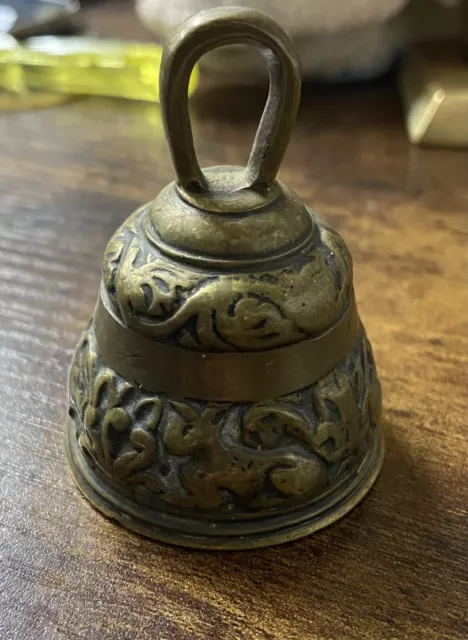 Small Sized Heavy Cast Brass Religious Hand Bell Decorated With Saints ?