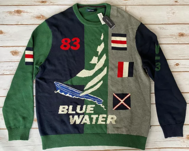 Nautica Intarsia '83 Blue Water Exclusive Sweater Navy Green Mens 2XL New $148