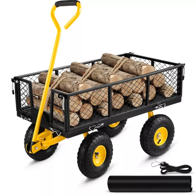 VEVOR Chariot de Jardin en Acier 227 kg 4 Roues Panier Fer avec Côtés Amovibles