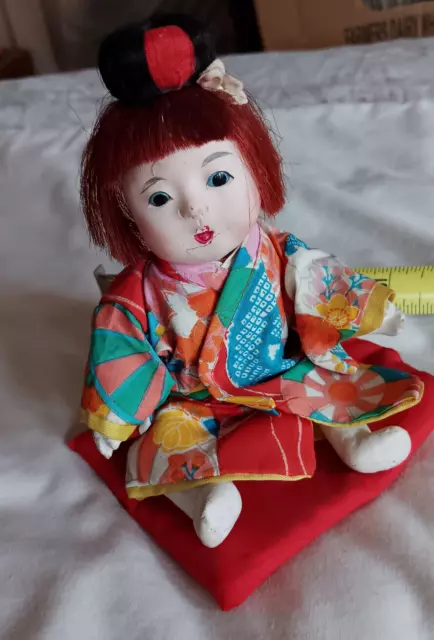 Vintage Ichimatsu Gofun Japanese Baby Girl Doll Rising Sun Kimono With Pillow 8"