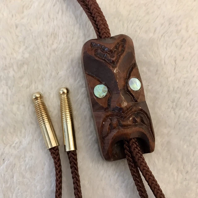 Tiki Bolo Tie Maori Moko New Zealand Carved Wood Mask Abalone Eyes Vtg 1960s