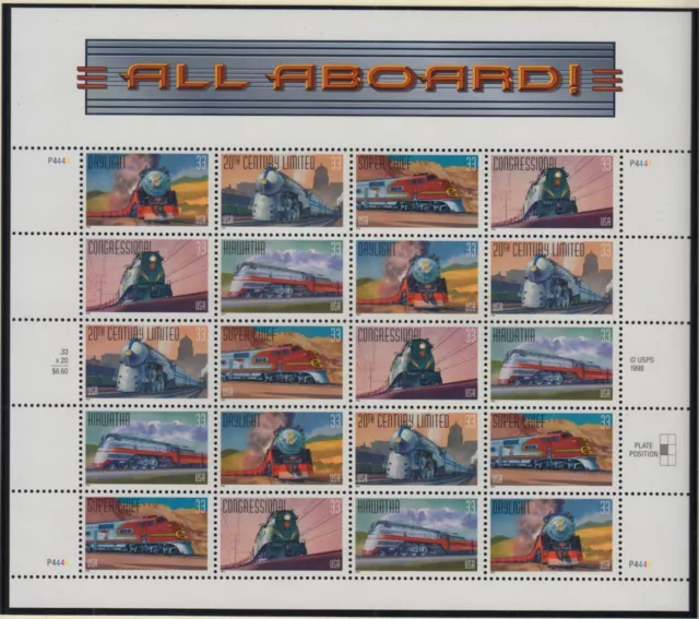 1999 Trains All Aboard! 33c Sheet of 20 Sc 3337a MNH 5 different locomotives