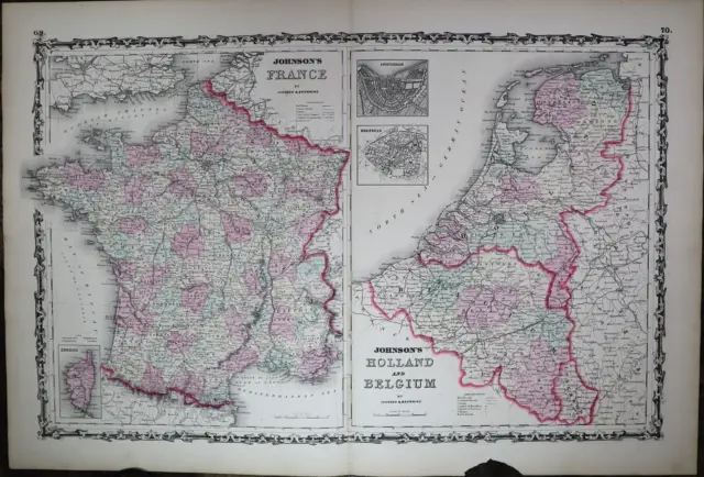 1862 Johnson's Atlas Map ~ FRANCE - HOLLAND - BELGIUM ~(18x28) -#891