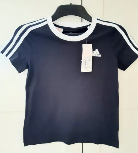 Adidas Boys Navy White Stripe Short Sleeve T-shirt Top Age 7/8yrs BNWT