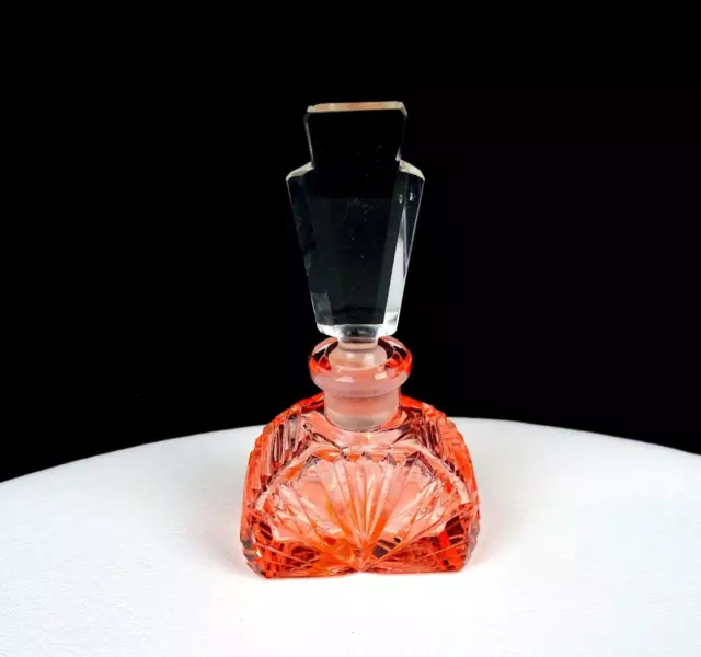 Morlee Cut Crystal Pink Art Deco 3 7/8" Perfume Bottle & Stopper 1930s
