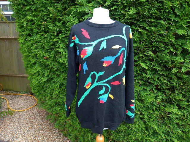 Maglione Richards vintage anni '80 lavorato a maglia nero multicolore floreale M/L cotone