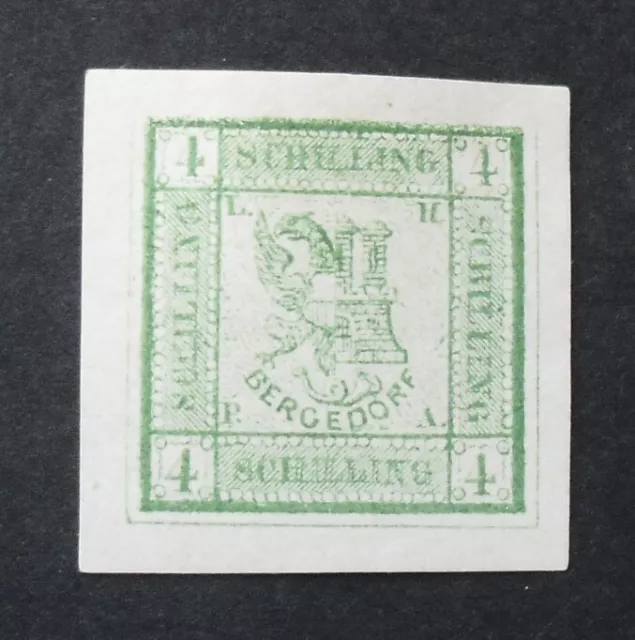 1861, MiNr 4 Essay-ND Bergedorf 4 Schilling grün breitrandig ohne Gummi