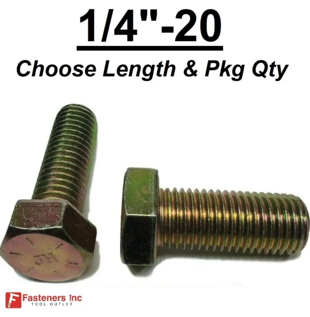 1/4-20 Hex Bolt Yellow Zinc Plated Grade 8 Cap Screw Coarse Thread (CHOOSE SIZE)