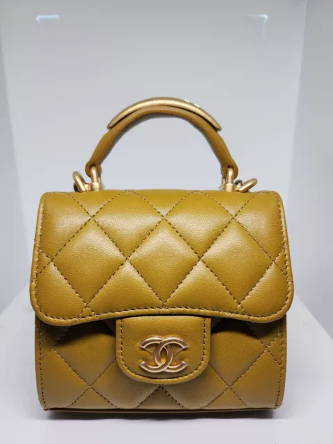 Chanel Square Classic Flap Top Handle Clutch w/ chain quilted lambskin yellow 