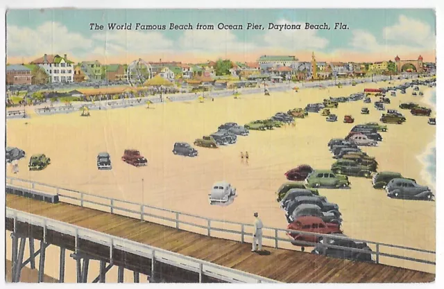 Postcard Linen FL 1952 Famous Beach Ocean Pier Daytona Old Florida Old Cars —C13