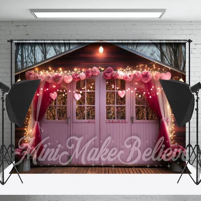 Rose Pink Floral Grey Wood Happy Valentines Day Backdrop Kit