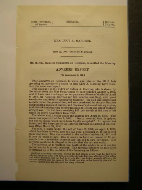 Government Report 1898 Sidney A Harding Discharged Chronic Diarrhea Civil War