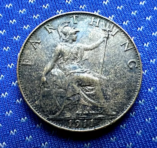 1911 UK Farthing Coin AU  Condition Rarity 1st Year of Series  #M468