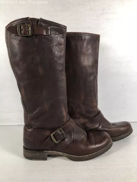 Frye Womens Dark Brown Leather Round Toe Knee High Buckle Strap Riding Boots 9B