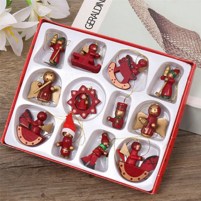 12Pcs Christmas Tree Decoration Traditional Wooden Hanging Ornament Xmas Toy Set