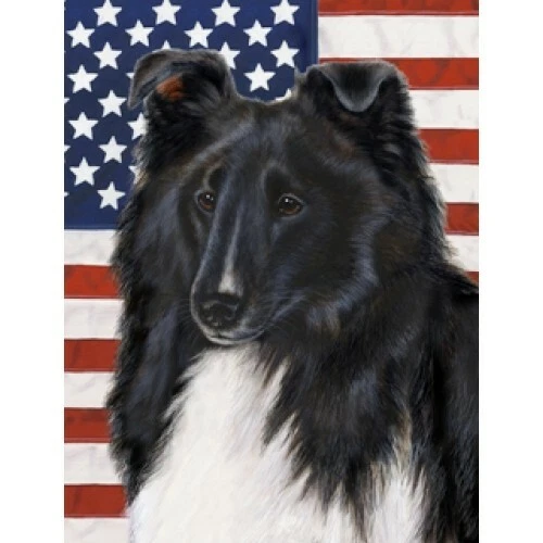 Patriotic (D2) House Flag - Black and White Shetland Sheepdog Sheltie 32228
