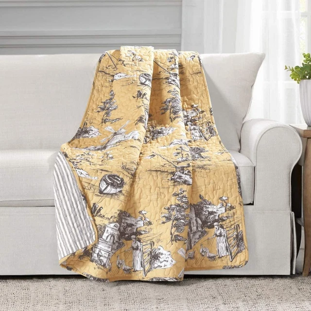 French Country Toile Cotton Reversible Throw Blanket, Yellow & Gray, 60″ X 50″