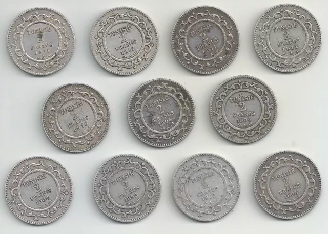 TUNISIE - Lot de 11 pièces de 2 francs - Argent - années diverses - TB/TTB