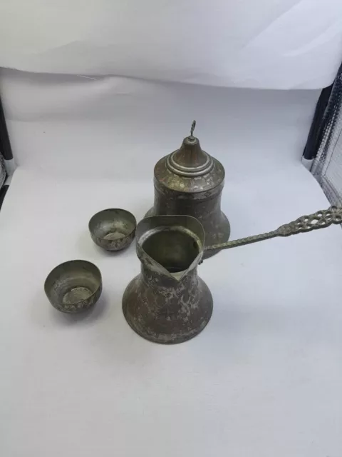 Antique Old Lot Of 4 Ottoman Empire Coffee Pot Cup Metal Inlaid Brass Handmade