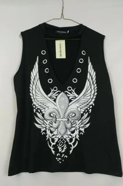 Fancyqube NWT Womens XL Black Angel Wings Graphic Sleeveless Blouse Tank Top