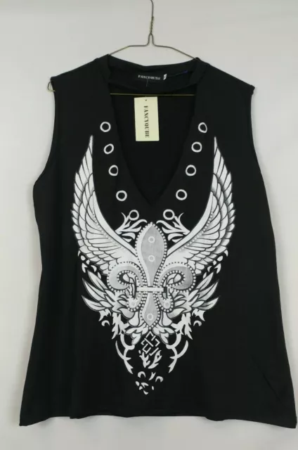 Fancyqube NWT Womens XL Black Angel Wings Graphic Sleeveless Blouse Tank Top